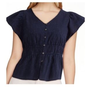 Navy Blue Flutter Sleeve Eyelet Peplum Top